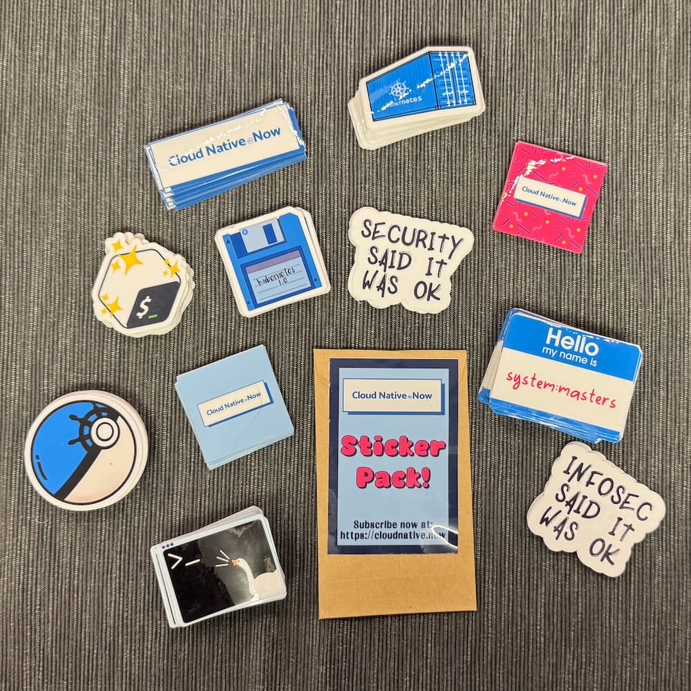 A collection of colorful stickers from a "Cloud Native Now" sticker pack. The stickers feature various designs including logos, phrases like "SECURITY SAID IT WAS OK," and cartoon illustrations. The pack is presented with a small brown envelope labeled "CloudNative.Now Sticker Pack”