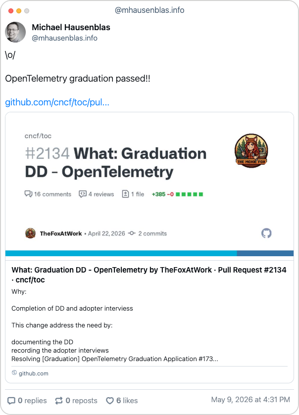 Bluesky post from "Michael Hausenblas" with the text: "\o/  OpenTelemetry graduation passed!!" followed by a link to the GitHub issue