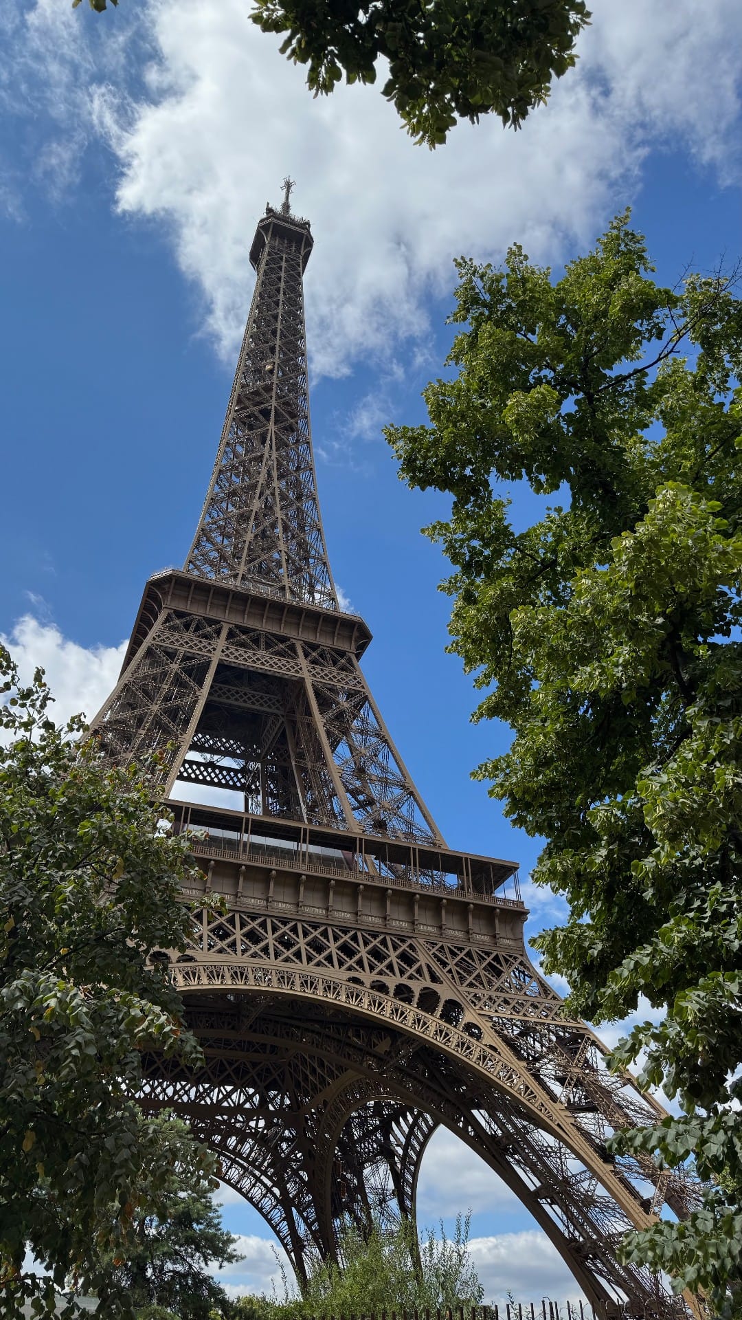 A photo of the Eiffel tower taken from near the base lookup up. There are trees either side of it framing it in the center.