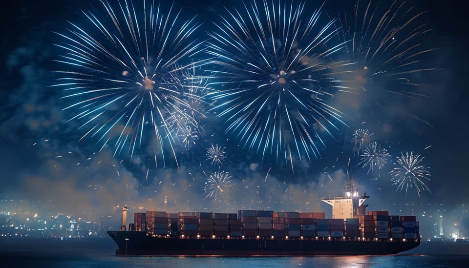 Blue fireworks exploding in a night sky above a container ship. Small lights from land can be seen in the background. 